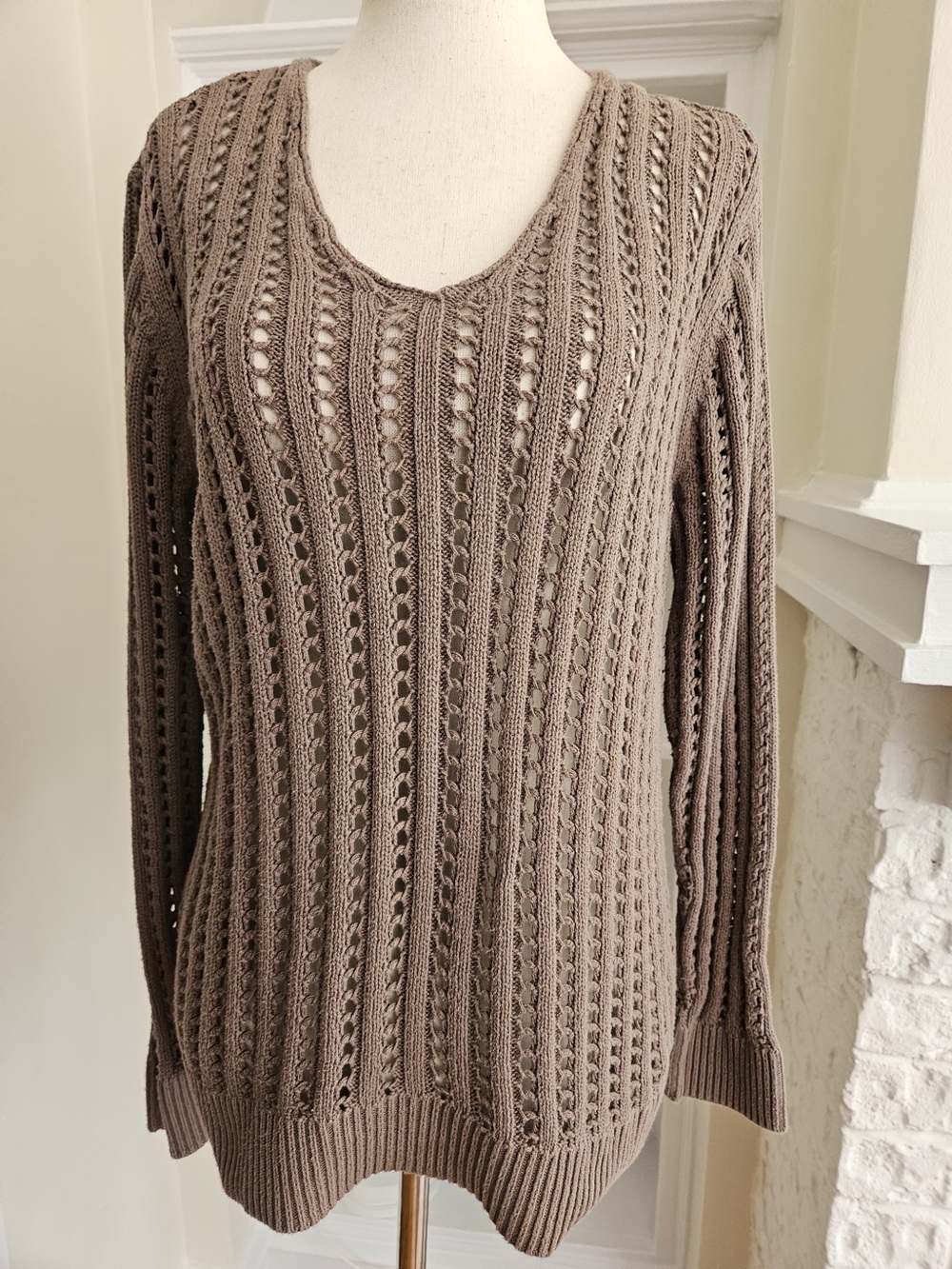 100% Cotton Taupe Open-Knit Scoop Neck Sweater